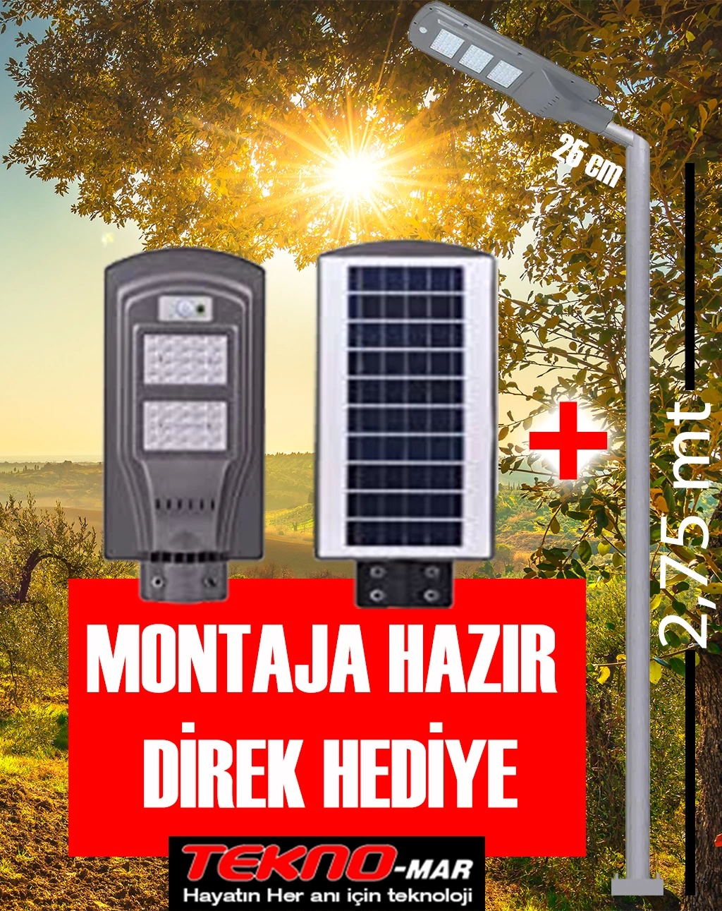 120W GÜNEŞ ENERJİLİ AYDINLATMA LAMBASI + 3M. LAMBA DİREĞİ