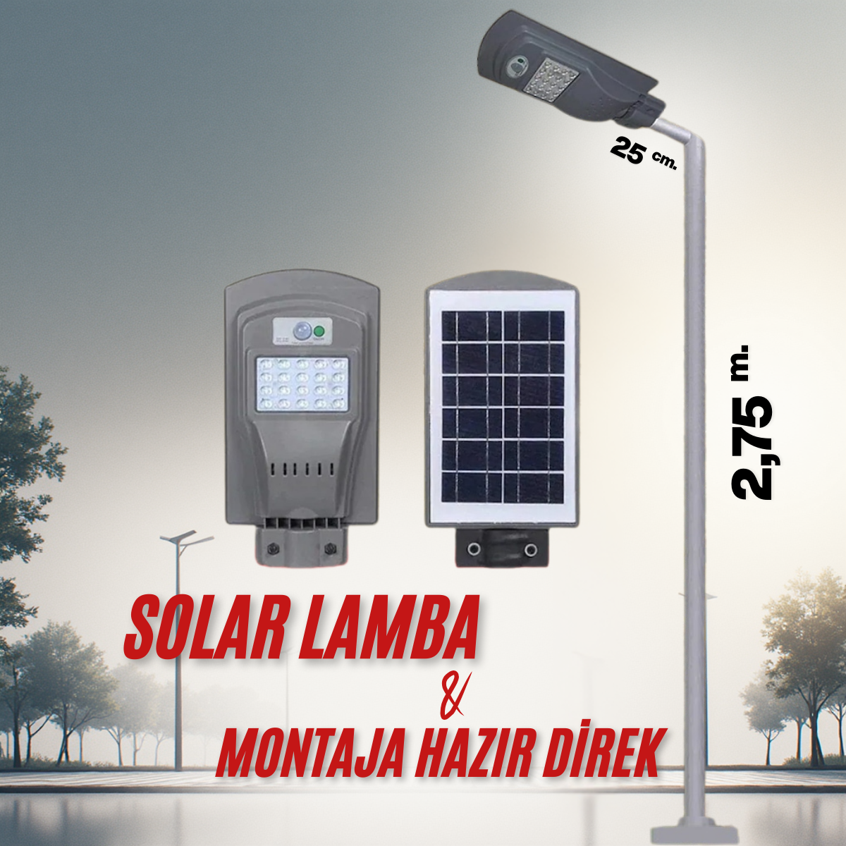 60W SOLAR BAHÇE AYDINLATMA LAMBASI + 3M. LAMBA DİREĞİ