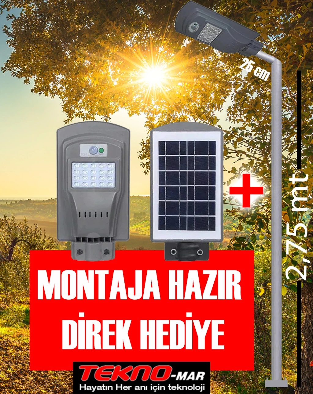 60W SOLAR BAHÇE AYDINLATMA LAMBASI + 3M. LAMBA DİREĞİ