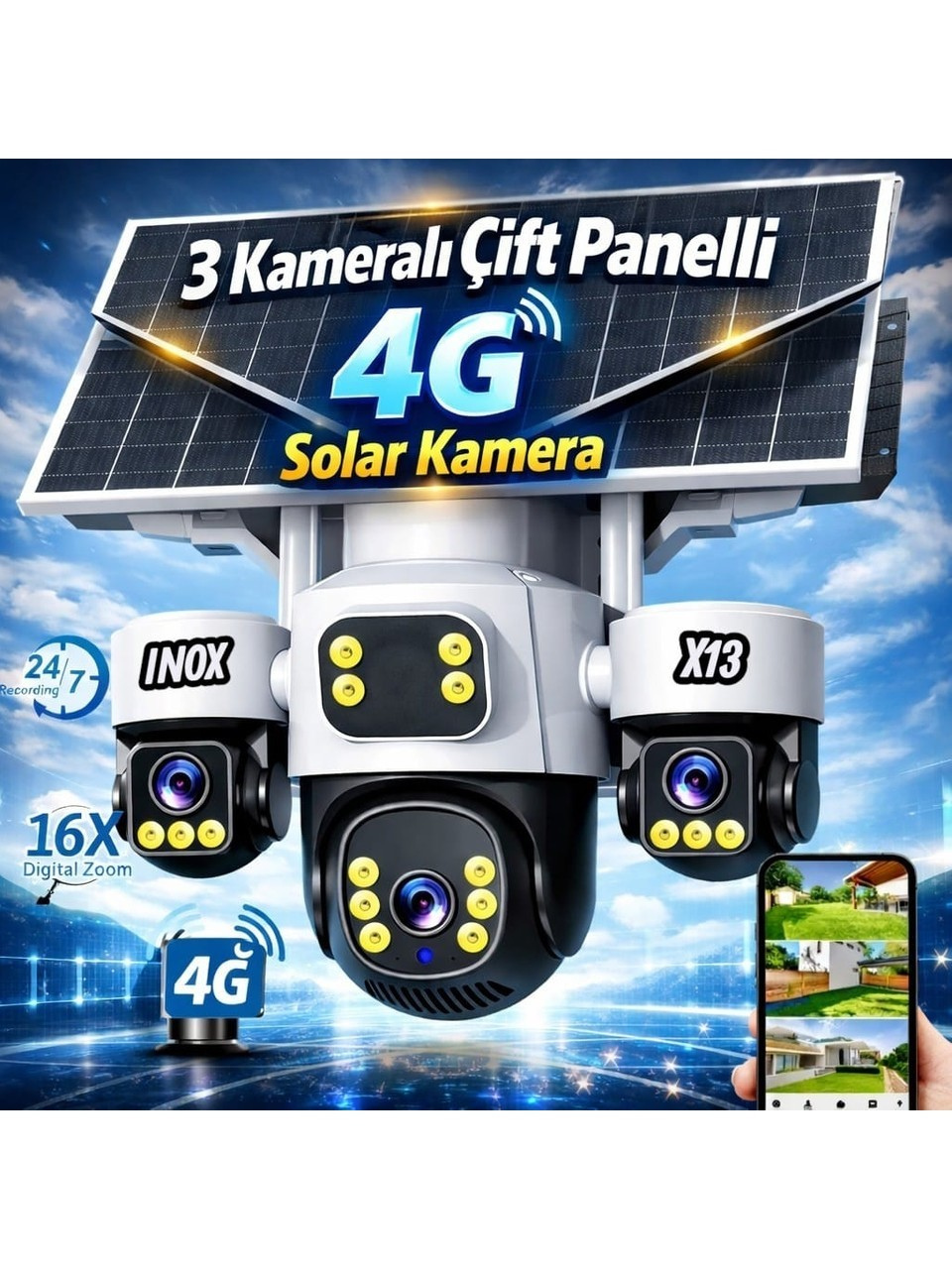 INOX-X13 3LENS ESİM ÇİFT PANELLİ FULL RENKLİ 4G SOLAR KAMERA